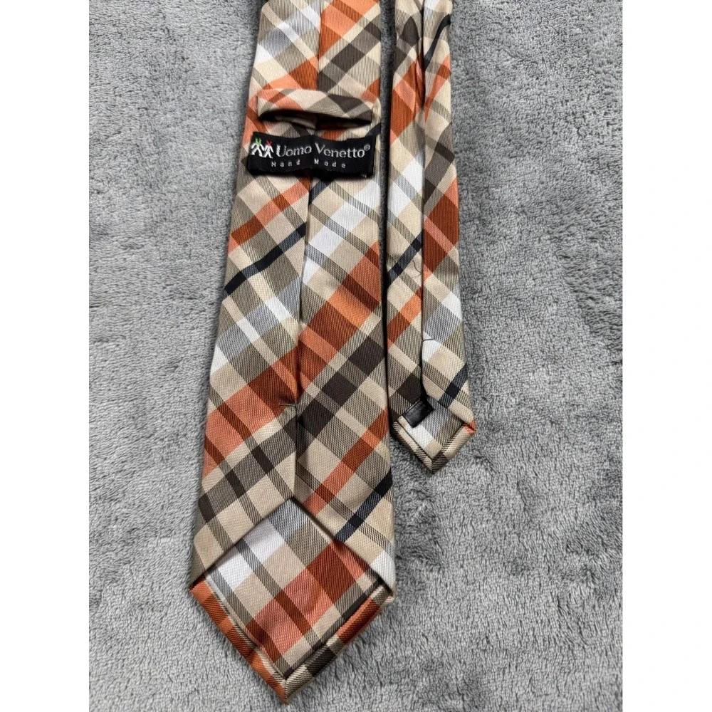 Uomo Venetto Mens Plaid Necktie Orange Tan Brown White Hand Made Classic Tie‎